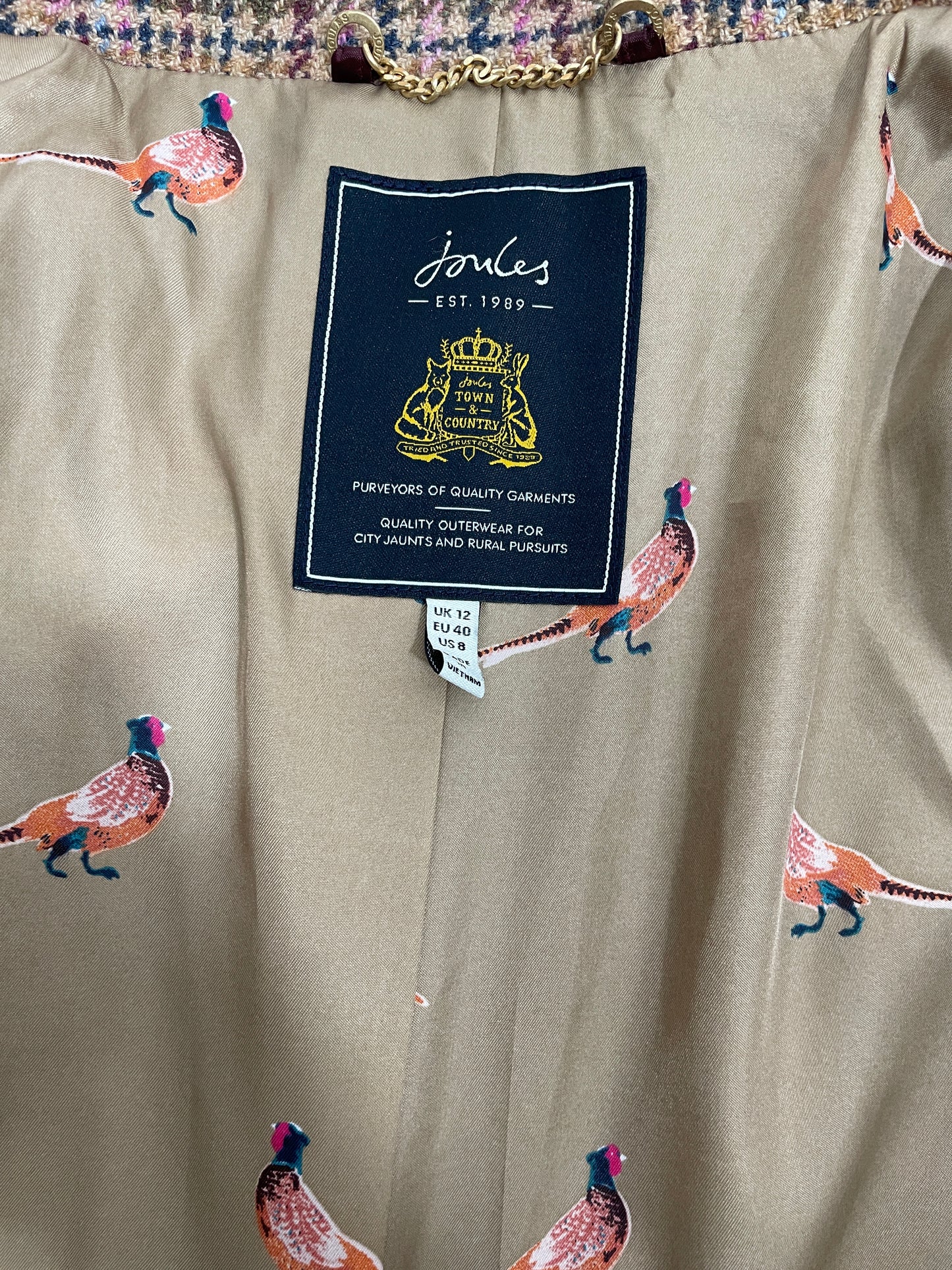 Joules Long Pink Tweed Coat Size 12