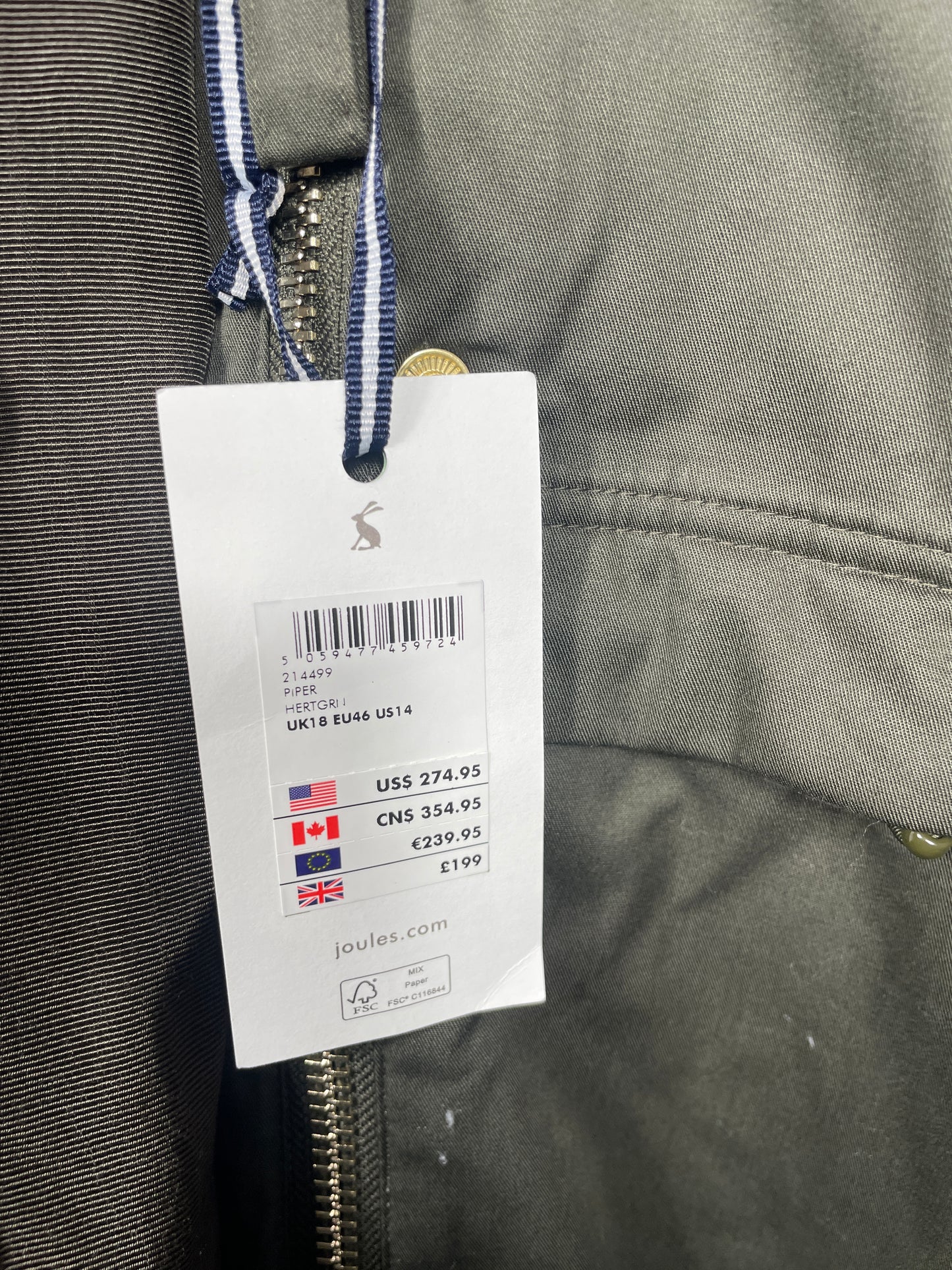 Joules Piper Waterproof Coat Size 18 NWT